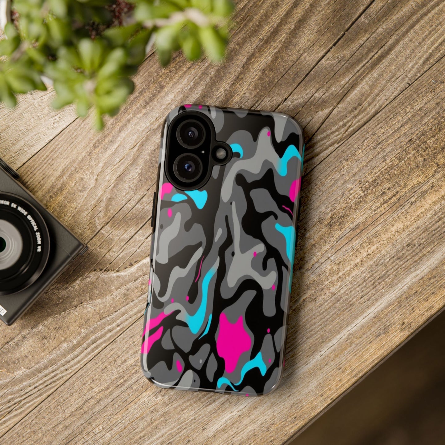 Camouflage Phone Case — Gray Camo with Neon Pink & Cyan Accent Tough Protective Cover
