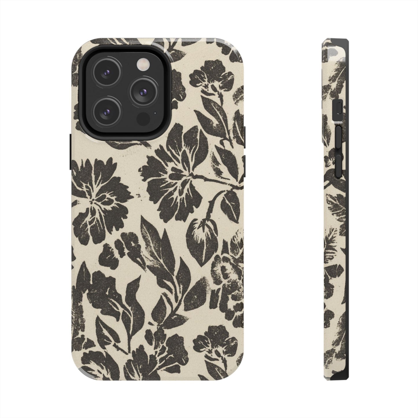 Floral Noir Tough Phone Case — Black Vintage Flower Protective Cover