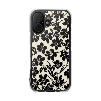 Clear Magnetic Phone Case — Black Floral Silhouette Design