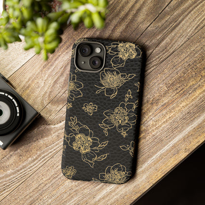 Floral Leather Phone Case — Gold Outline Flowers on Black Tough Case