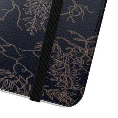 Botanical Noir Flip Phone Case — Dark Floral Wallet Cover with Card Slots