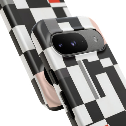 Abstract Geometric Phone Case – Black & White Checker Grid with Red Accent
