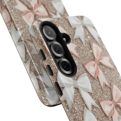 Glitter Bow Tough Phone Case — Pink & White Ribbon Protective Cover
