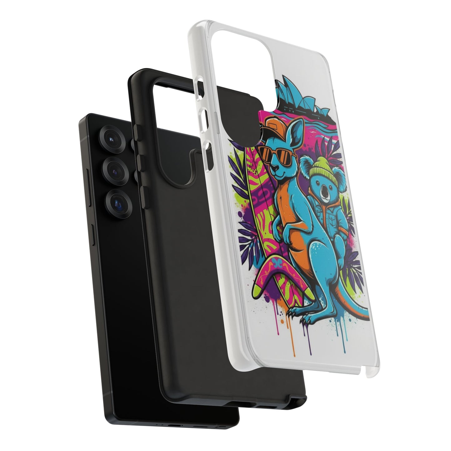 Kangaroo & Koala Surf Phone Case — Retro Neon Beach Art Tough Case