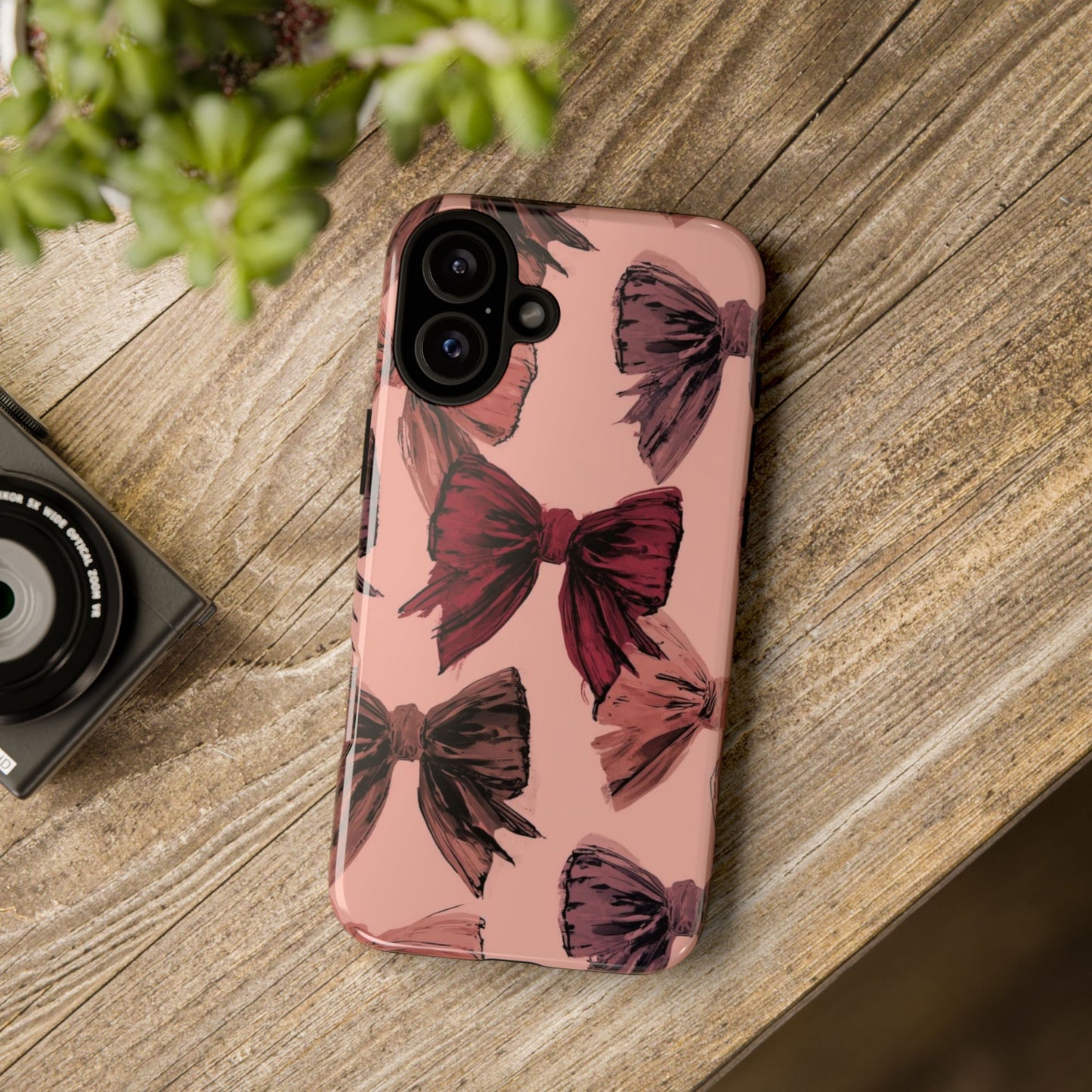 Bow Pattern Tough Phone Case — Pink Watercolor Bows Protective iPhone Cover