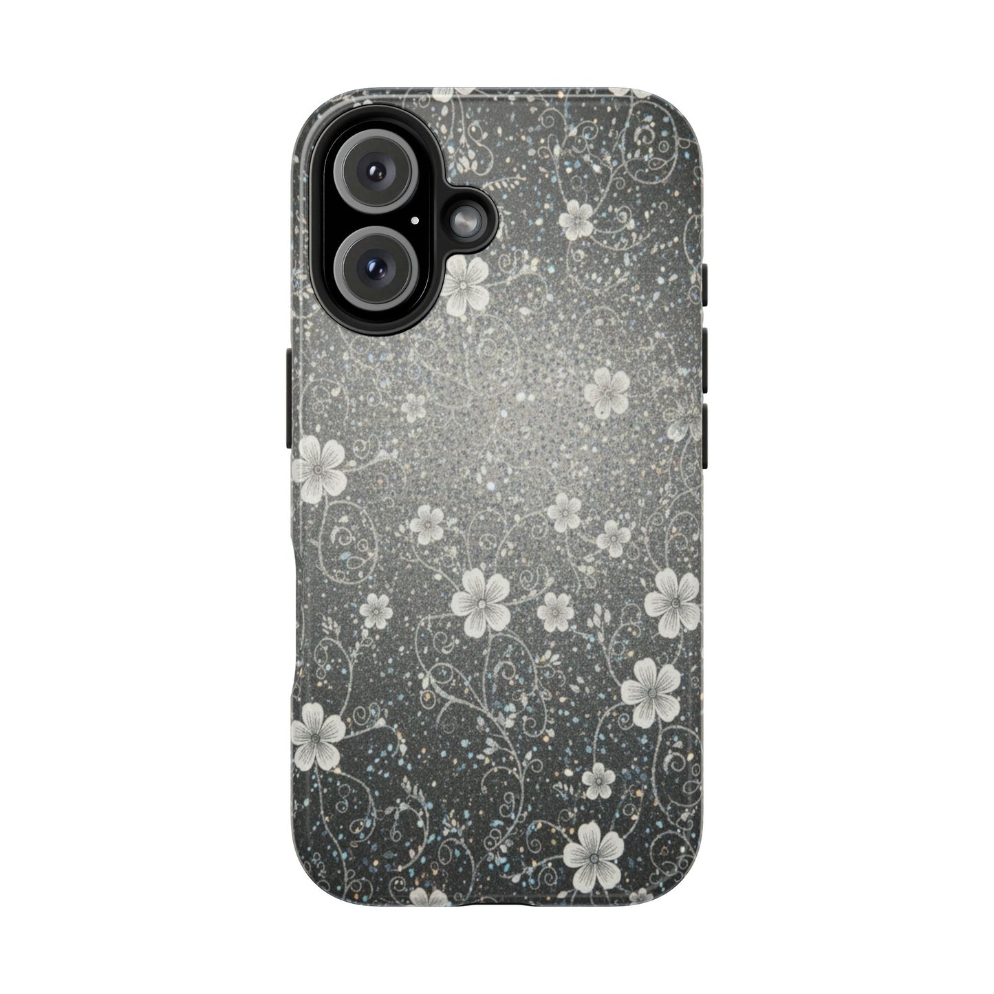 Floral Sparkle Tough Phone Case — Black & Silver Vintage Blossom
