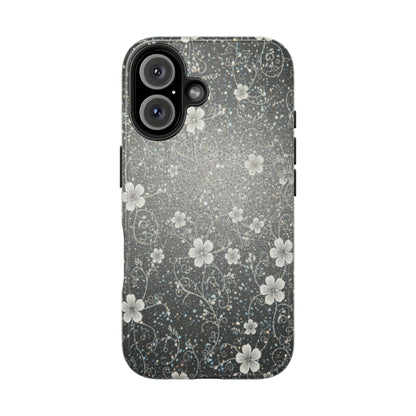 Floral Sparkle Tough Phone Case — Black & Silver Vintage Blossom
