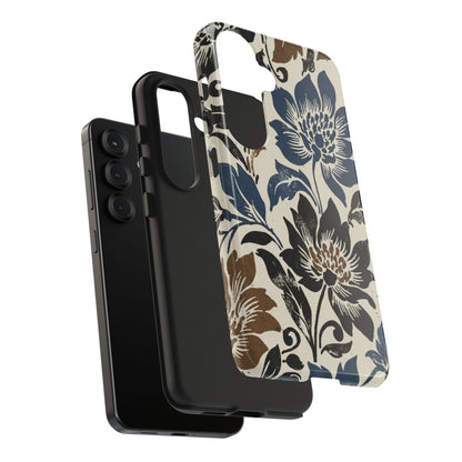 Floral Vintage Tough Phone Case — Blue & Brown Botanical Protection