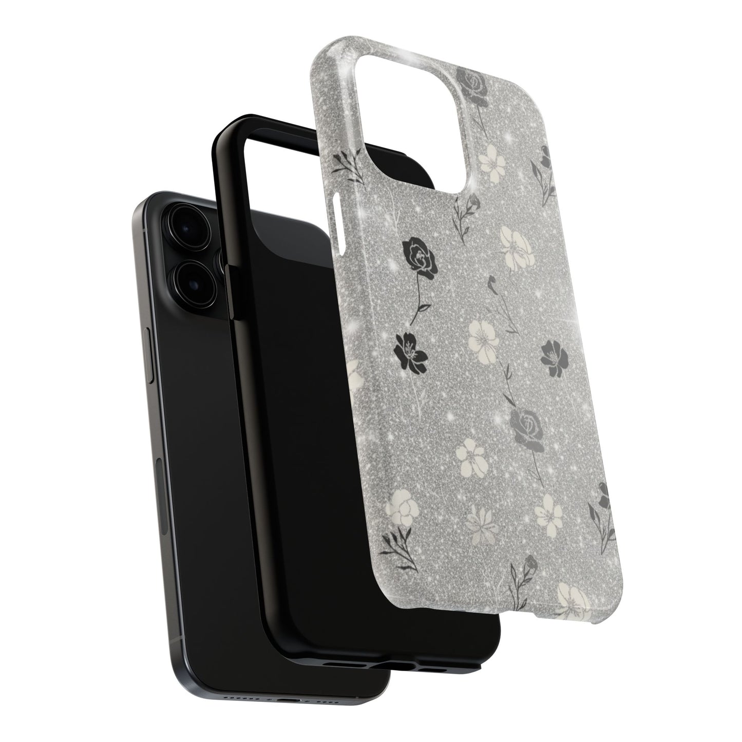 Floral Glitter Tough Phone Case — Black & Silver Vintage Flower Protective Cover