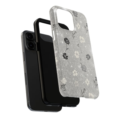 Floral Glitter Tough Phone Case — Black & Silver Vintage Flower Protective Cover