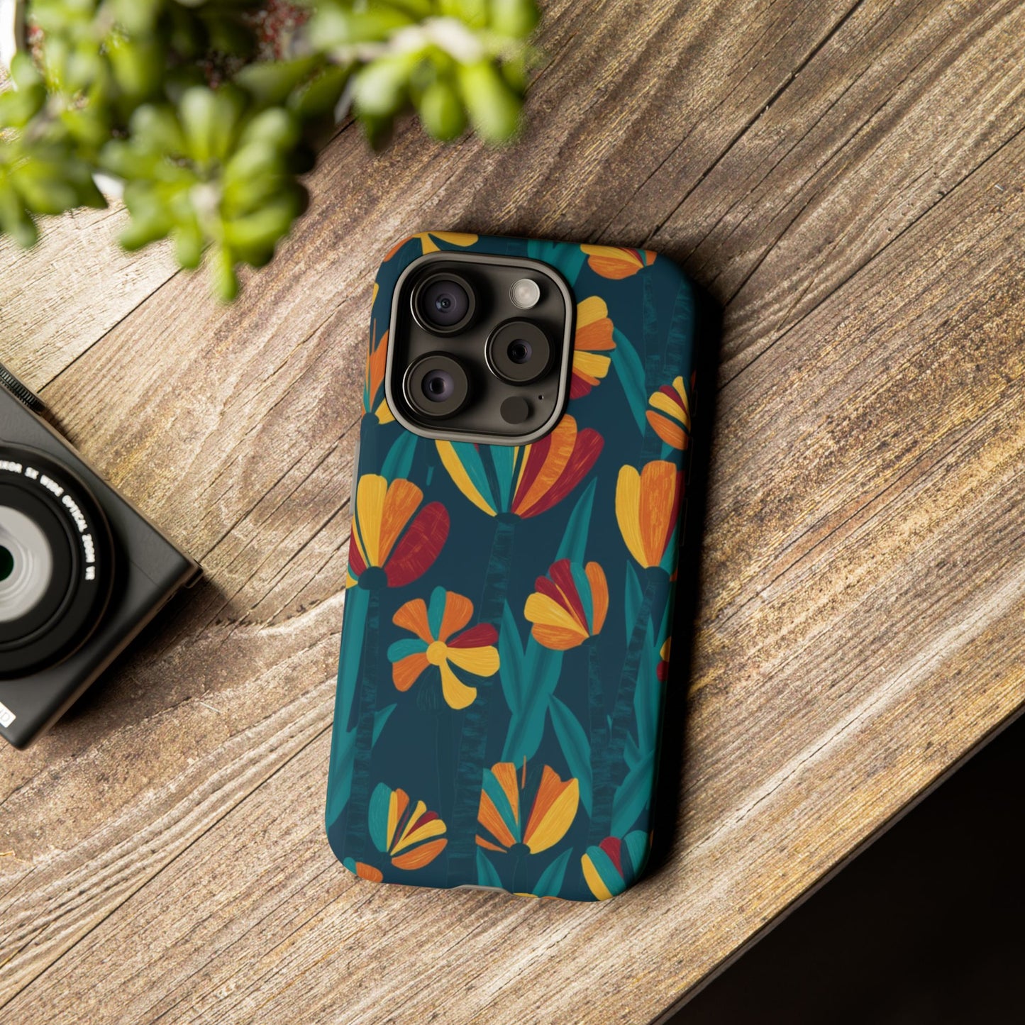Floral Retro Teal Tough Phone Case — Vibrant Orange & Mustard Blooms