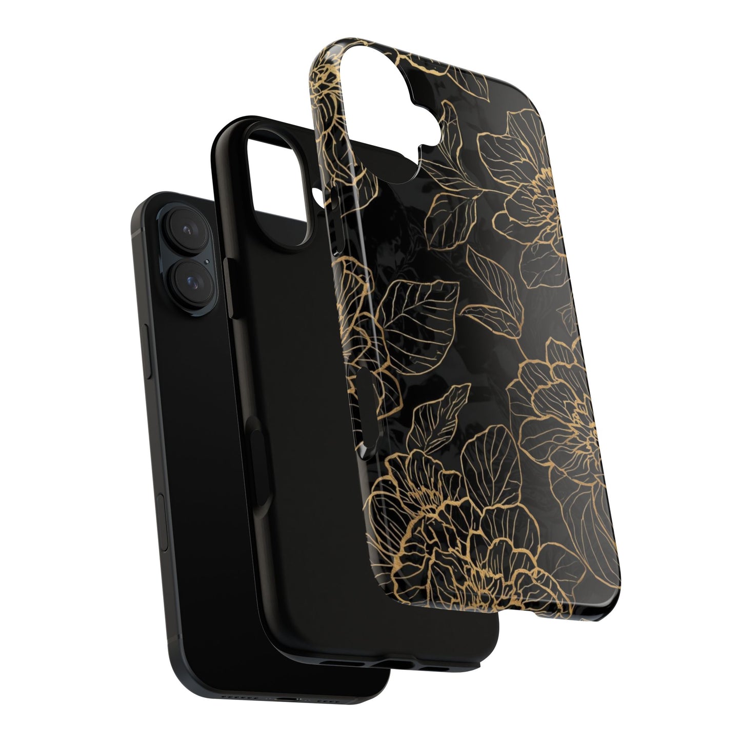 Floral Gold Outline Tough Phone Case – Black Botanical Protective Cover