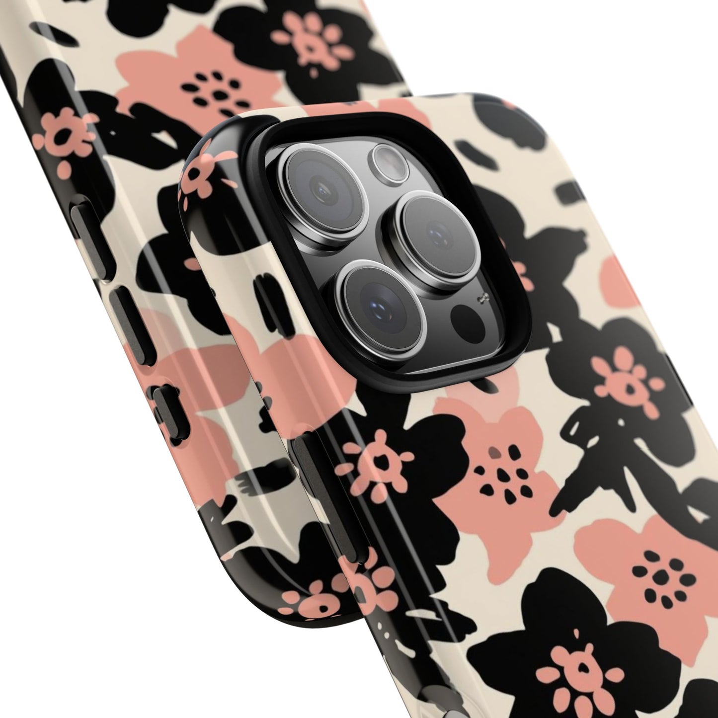 Floral Phone Case — Pink & Black Retro Blossom Protective Cover