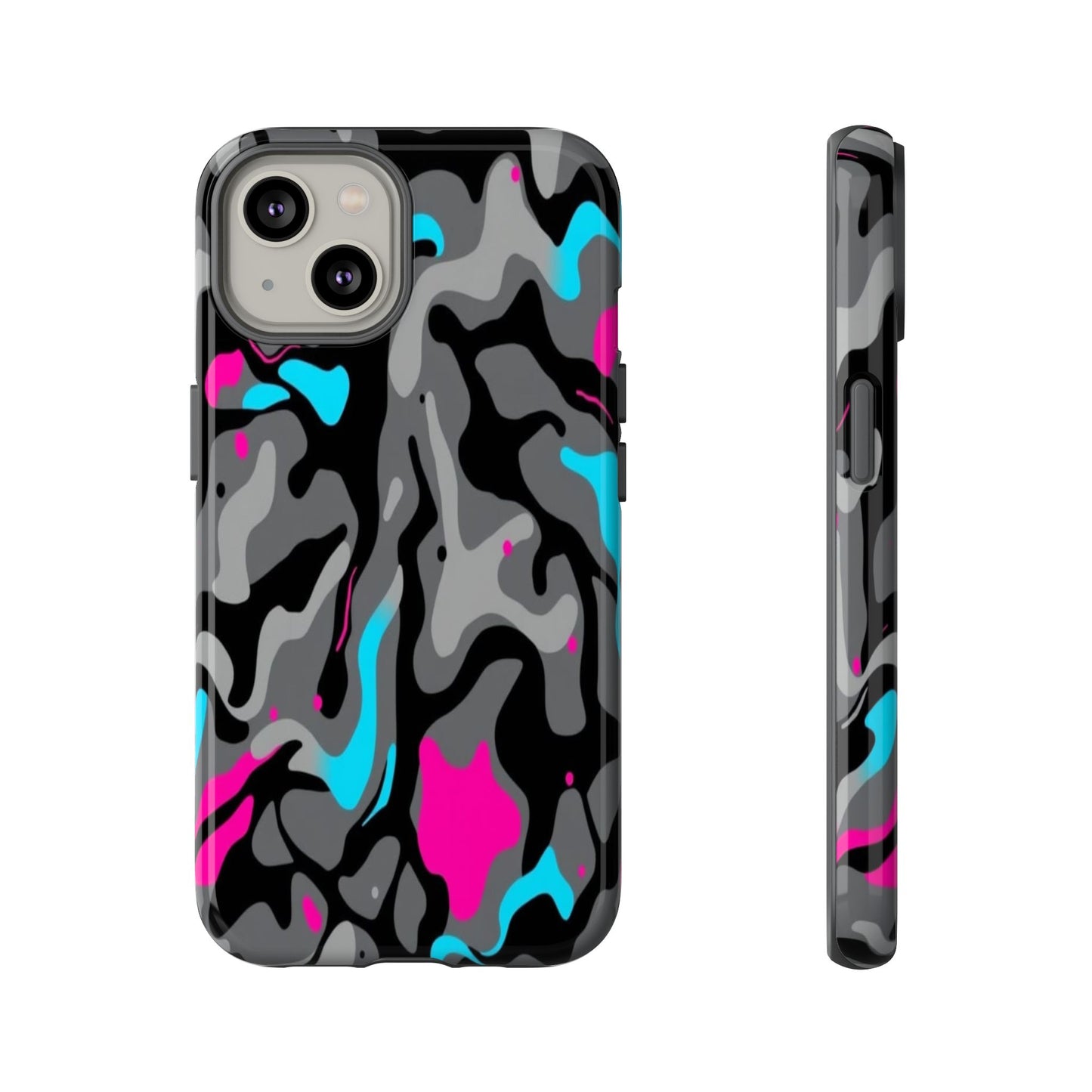 Camouflage Phone Case — Gray Camo with Neon Pink & Cyan Accent Tough Protective Cover
