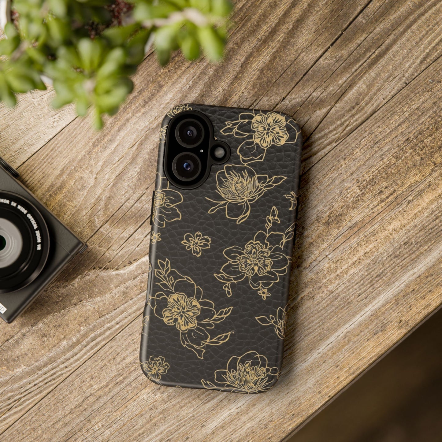 Floral Leather Phone Case — Gold Outline Flowers on Black Tough Case