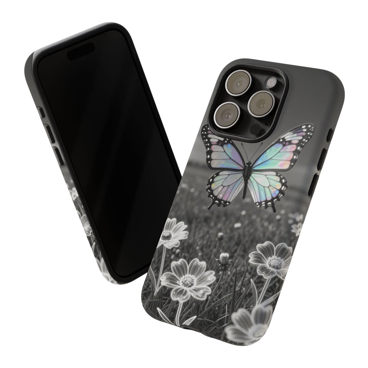 Butterfly Field Tough Phone Case — Pastel Holographic Butterfly on Black & White Floral Background