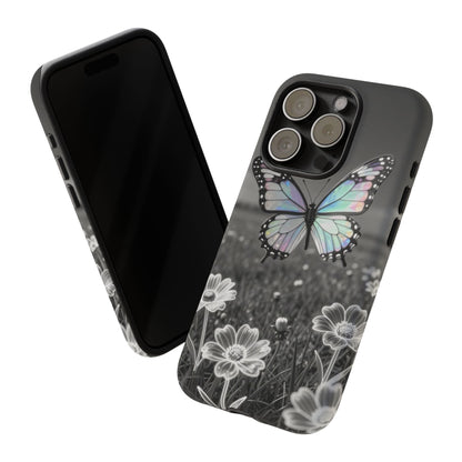 Butterfly Field Tough Phone Case — Pastel Holographic Butterfly on Black & White Floral Background