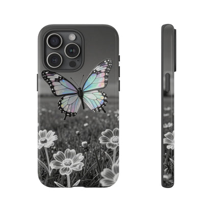 Butterfly Field Tough Phone Case — Pastel Holographic Butterfly on Black & White Floral Background
