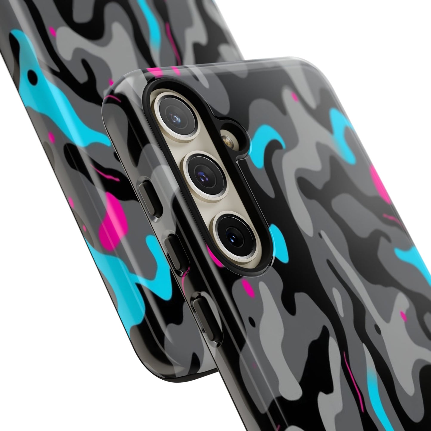 Camouflage Phone Case — Gray Camo with Neon Pink & Cyan Accent Tough Protective Cover