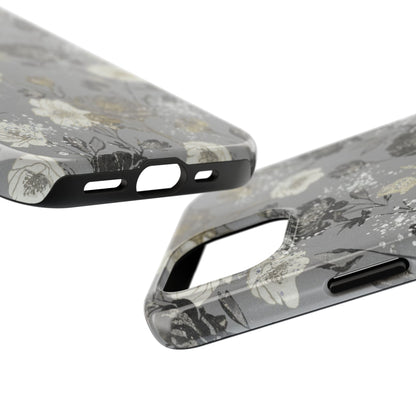 Floral Gray Tough Phone Case — Elegant Protective Phone Cover with Gold Accent