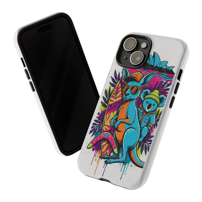 Kangaroo & Koala Surf Phone Case — Retro Neon Beach Art Tough Case