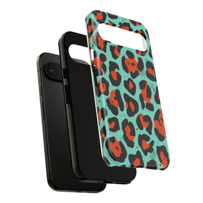 Leopard Print Tough Phone Case — Teal & Rust Protective iPhone Cover