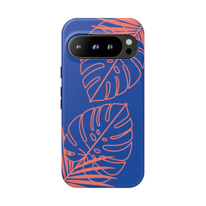 Tropical Monstera Phone Case — Blue & Coral Leaf Protective Cover