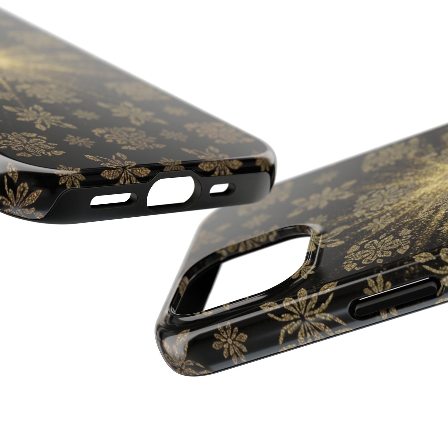 Glitter Burst Tough Phone Case — Black & Gold Floral Protective Cover