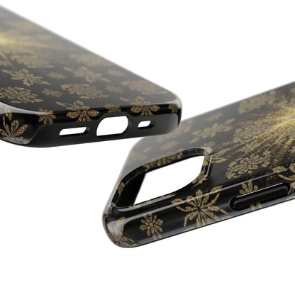 Glitter Burst Tough Phone Case — Black & Gold Floral Protective Cover