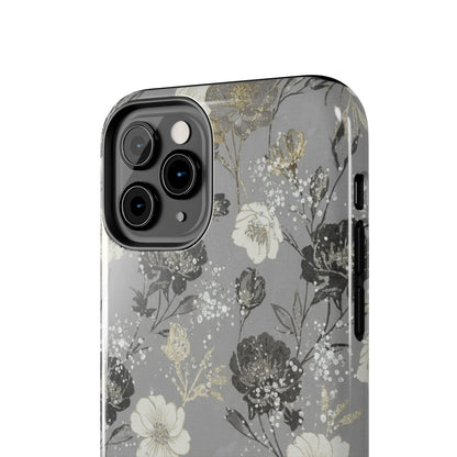 Floral Gray Tough Phone Case — Elegant Protective Phone Cover with Gold Accent