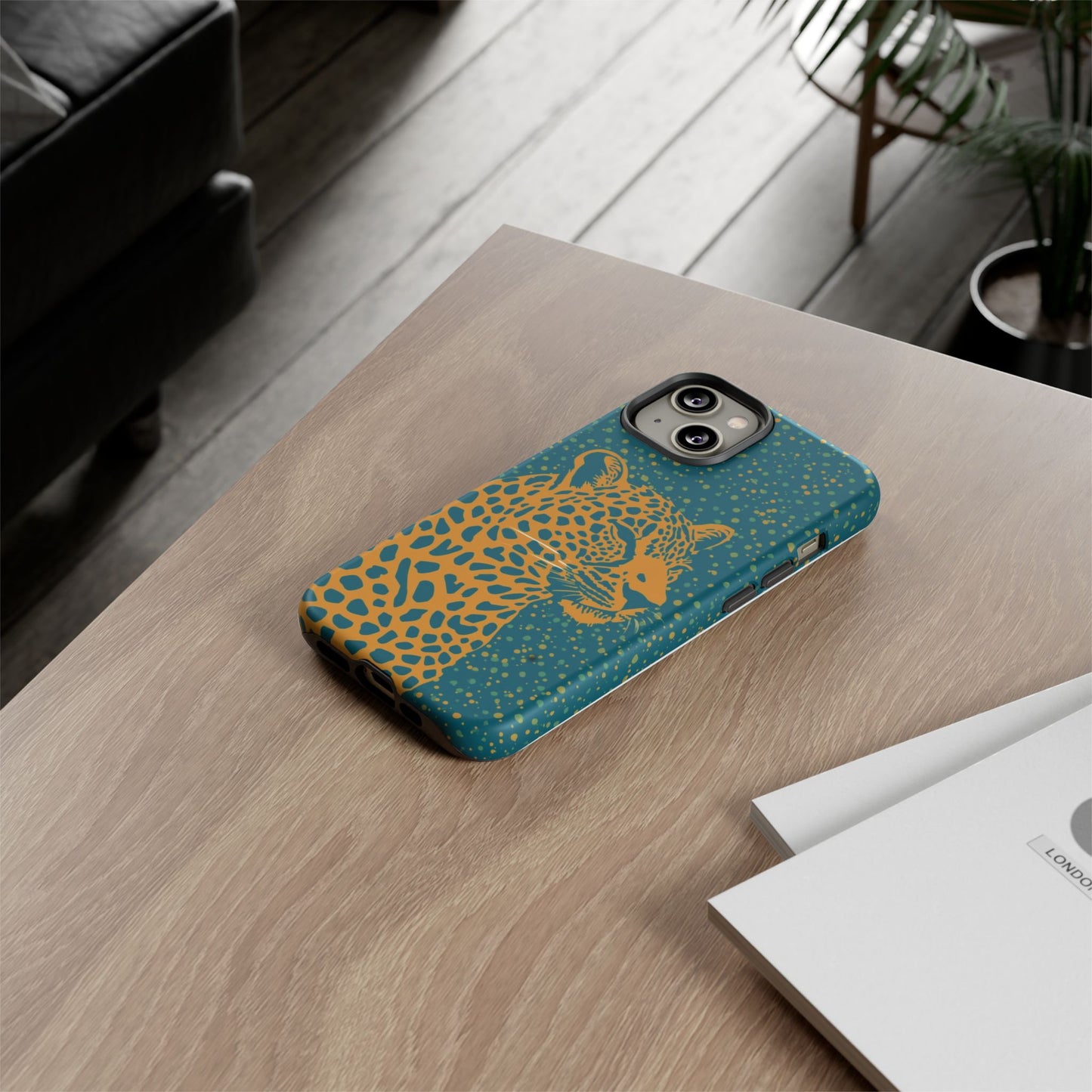 Leopard Spotlight Phone Case — Teal Gold Animal Print Protective Cover