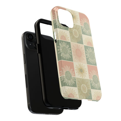 Sunflower Check iPhone Tough Phone Case — Retro Pastel Floral Protective Cover