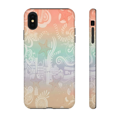 Tough Cases: Pastel Beach Pattern Phone Case — Starfish & Coastal Cityscape Protective Cover