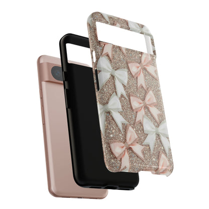Glitter Bow Tough Phone Case — Pink & White Ribbon Protective Cover