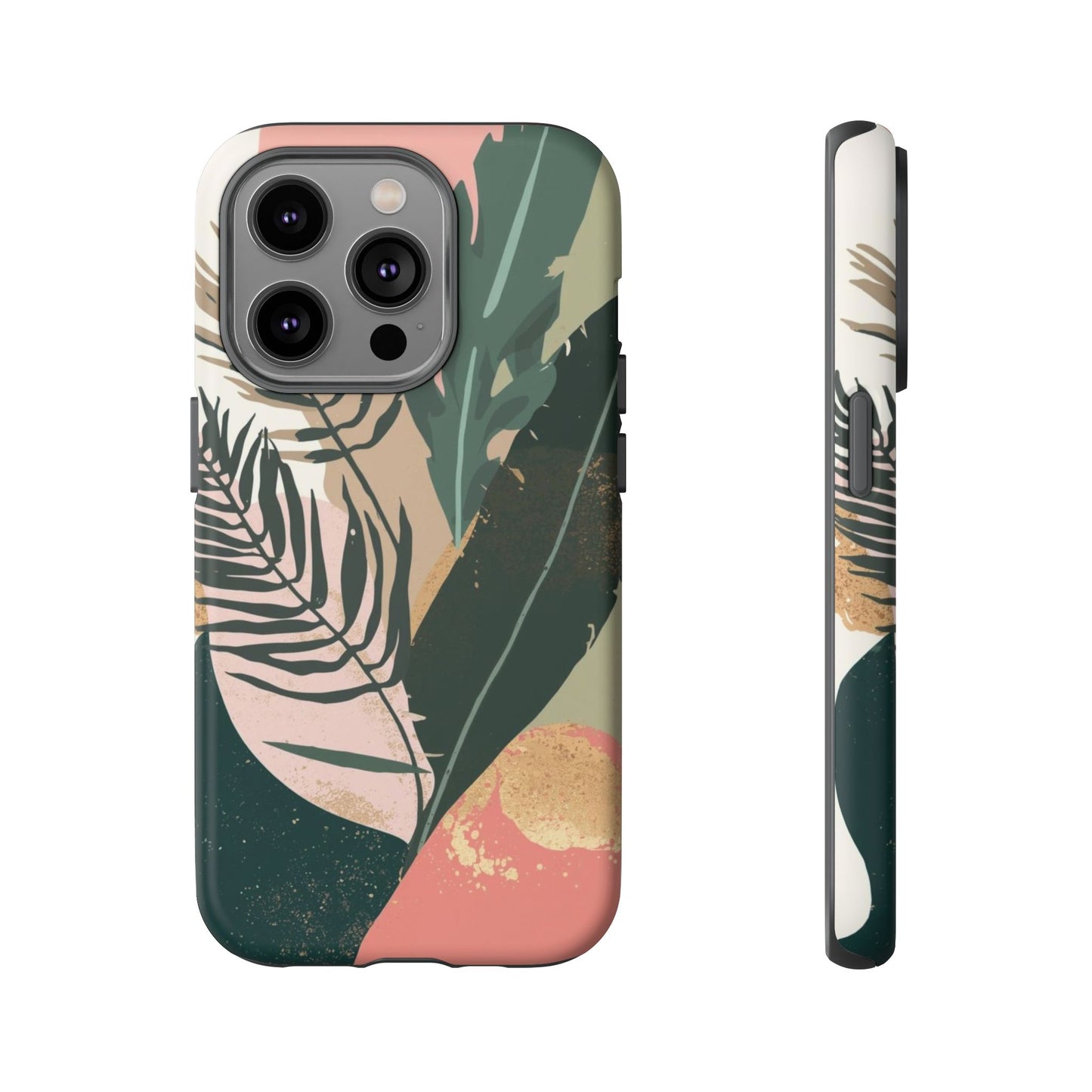 Tropical Leaf Tough Phone Case — Abstract Pink & Green Botanical Protective Cover