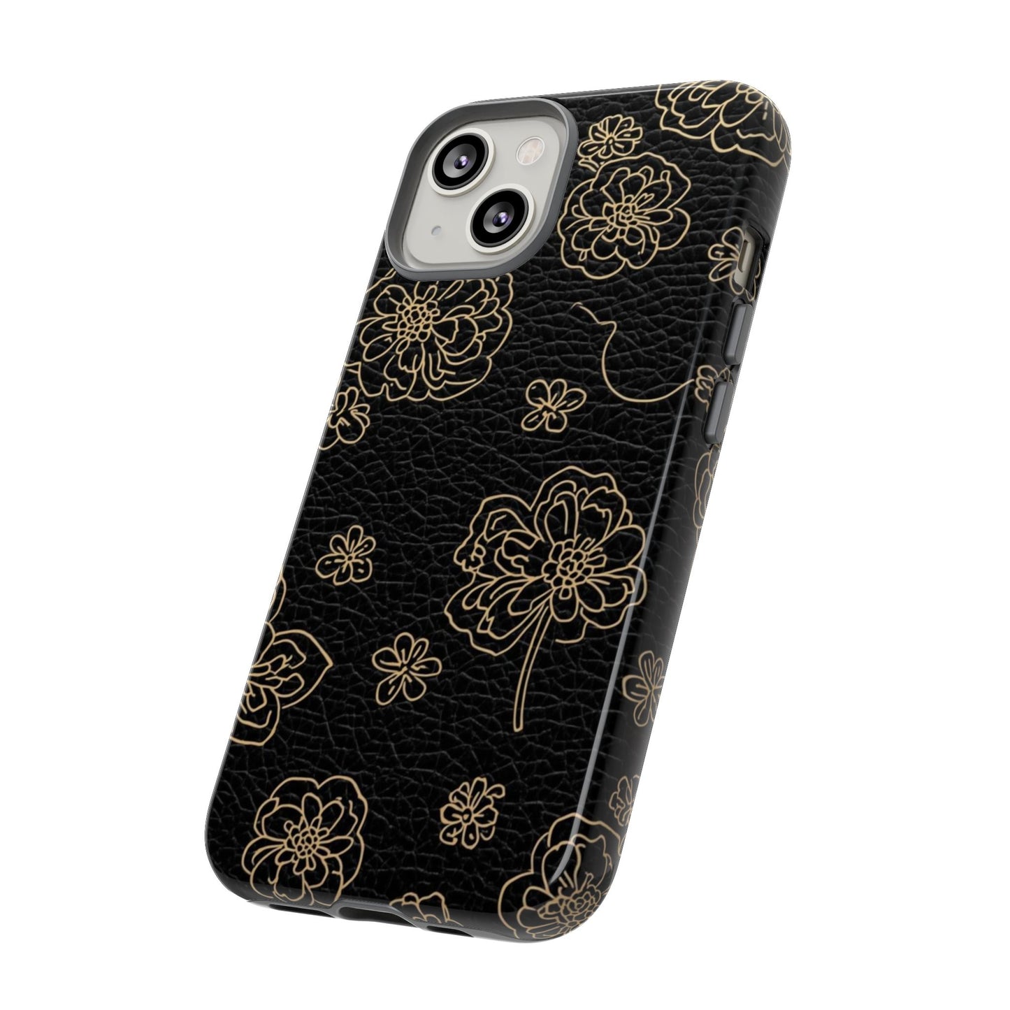 Floral Leather-Texture Tough Case – Black Gold Outline Phone Cover