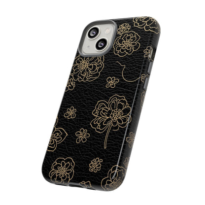 Floral Leather-Texture Tough Case – Black Gold Outline Phone Cover