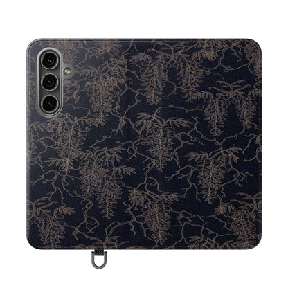 Botanical Noir Flip Phone Case — Dark Floral Wallet Cover with Card Slots