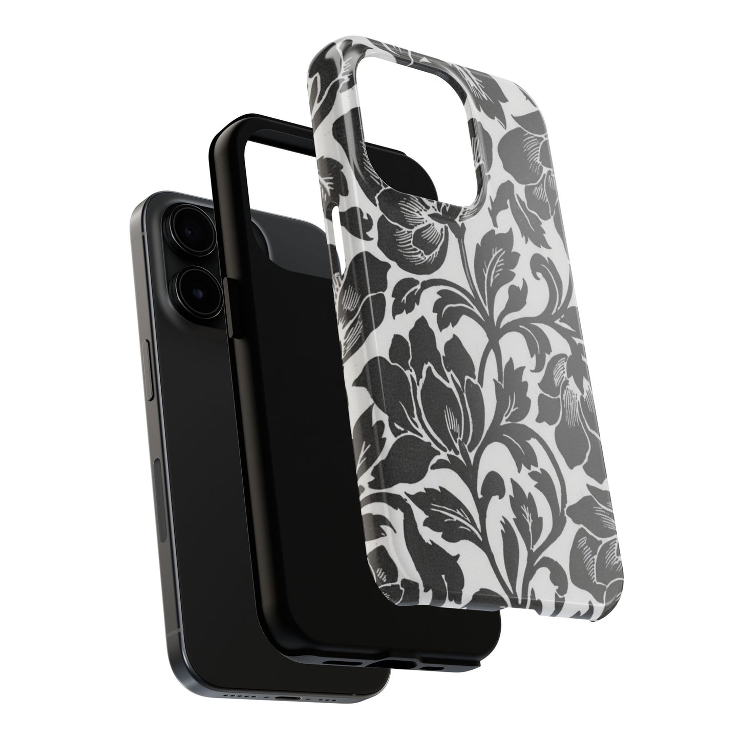 Tough Phone Case — Black & White Vintage Floral Protective Cover