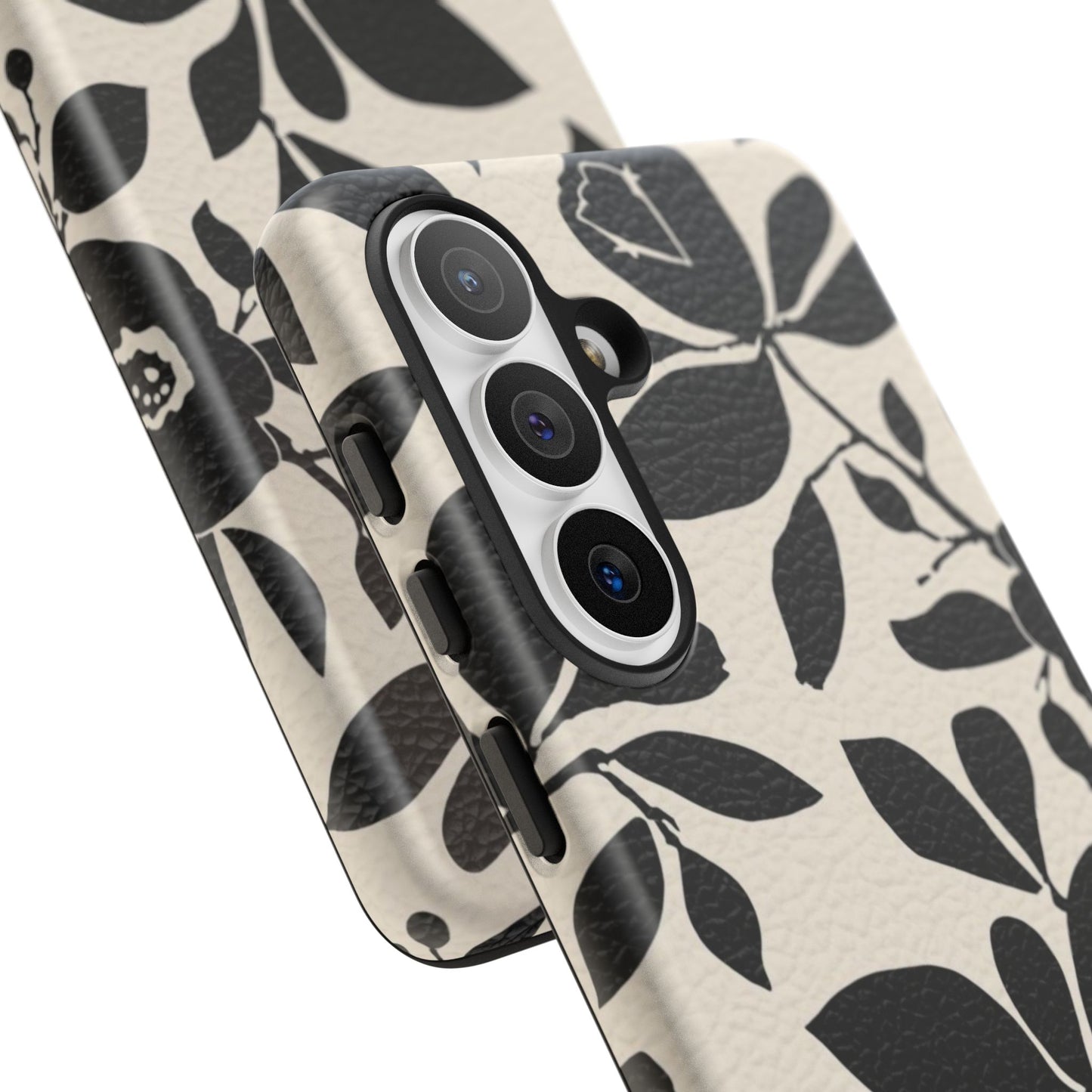Black Floral Pattern Phone Case — Monochrome Botanical Tough Case