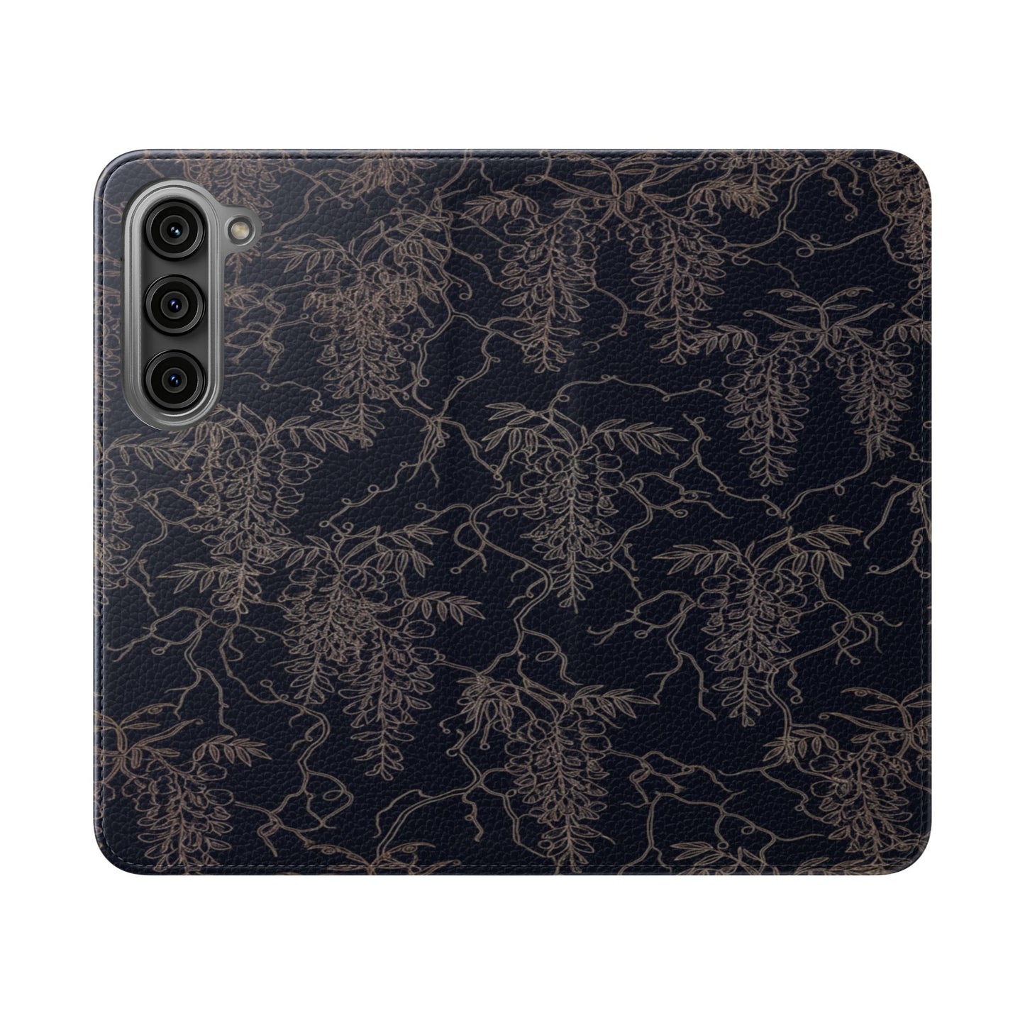 Botanical Noir Flip Phone Case — Dark Floral Wallet Cover with Card Slots