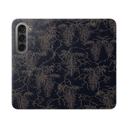 Botanical Noir Flip Phone Case — Dark Floral Wallet Cover with Card Slots