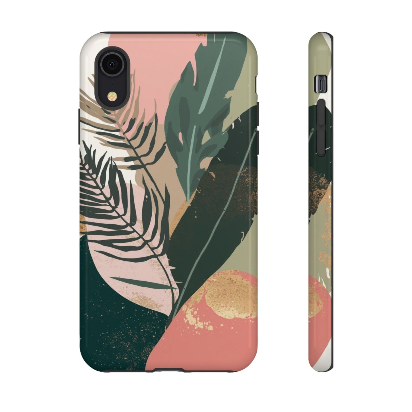 Tropical Leaf Tough Phone Case — Abstract Pink & Green Botanical Protective Cover