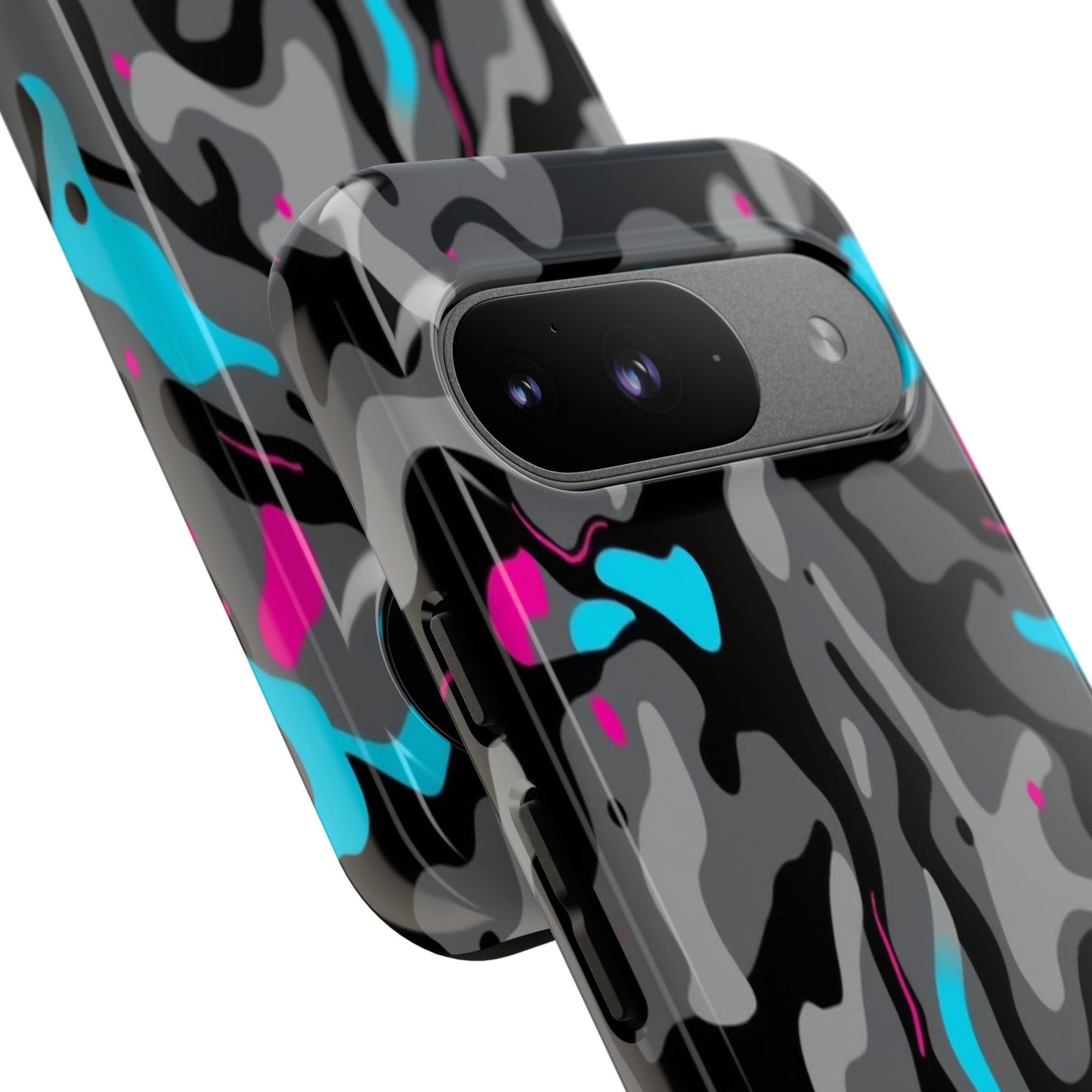 Camouflage Phone Case — Gray Camo with Neon Pink & Cyan Accent Tough Protective Cover