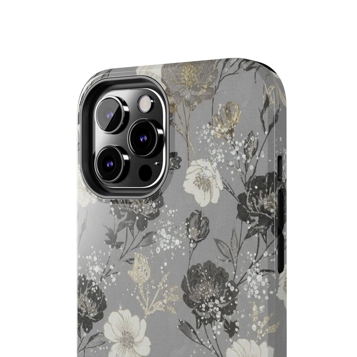 Floral Gray Tough Phone Case — Elegant Protective Phone Cover with Gold Accent