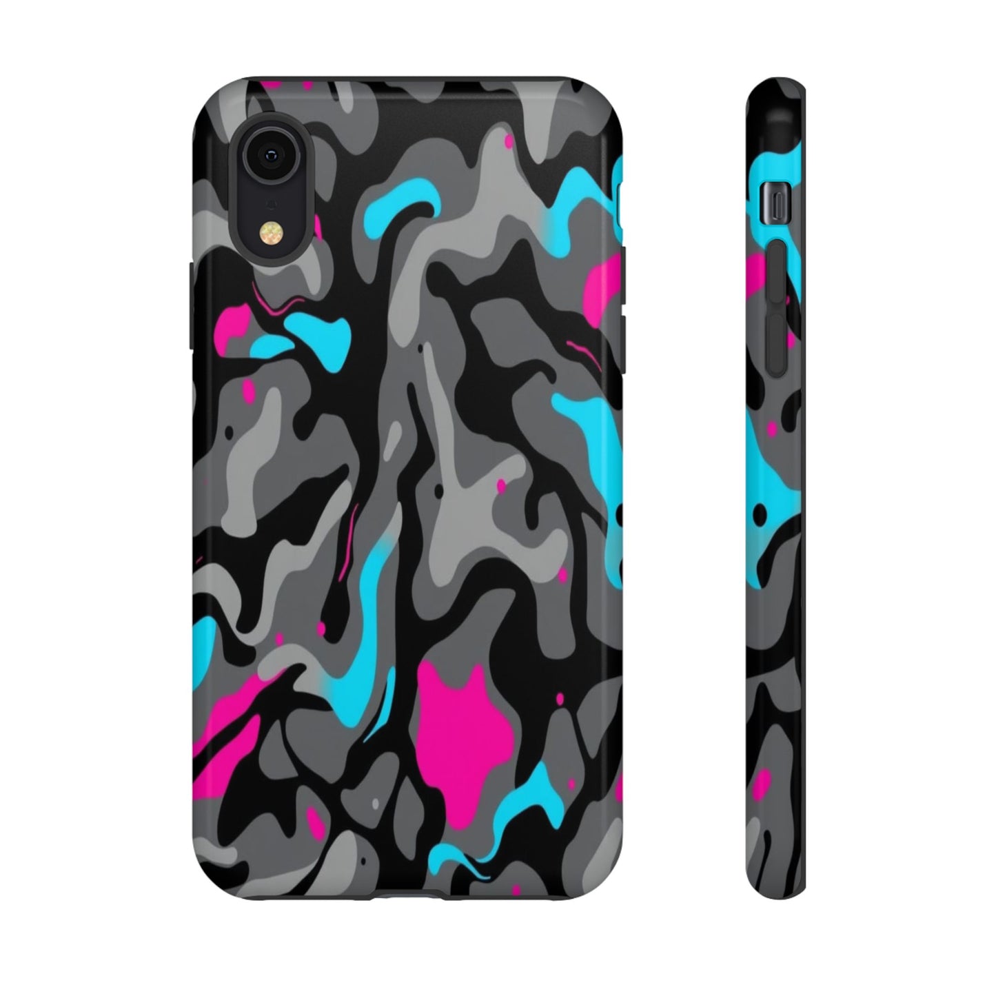 Camouflage Phone Case — Gray Camo with Neon Pink & Cyan Accent Tough Protective Cover
