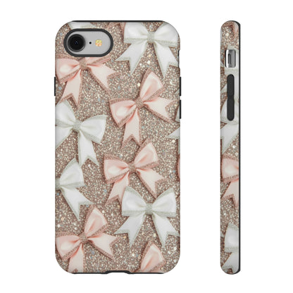 Glitter Bow Tough Phone Case — Pink & White Ribbon Protective Cover