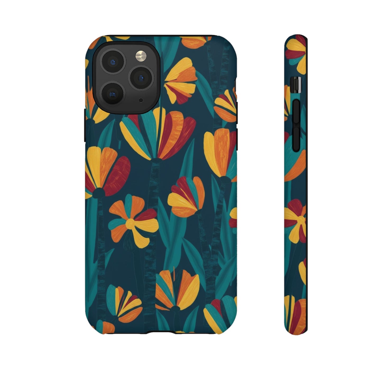 Floral Retro Teal Tough Phone Case — Vibrant Orange & Mustard Blooms
