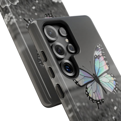 Butterfly Field Tough Phone Case — Pastel Holographic Butterfly on Black & White Floral Background