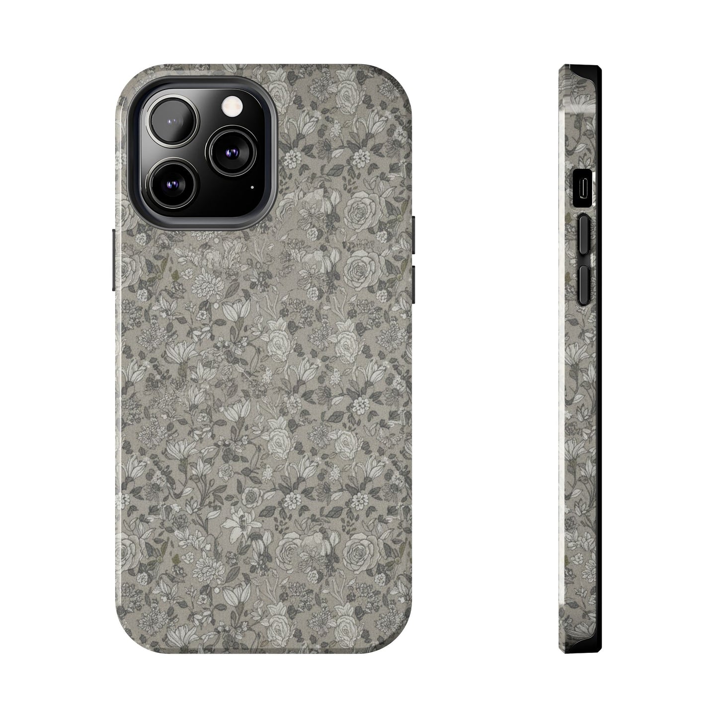 Gray Floral Tough Phone Case — Durable Protective Phone Cover with Vintage Botanical Pattern